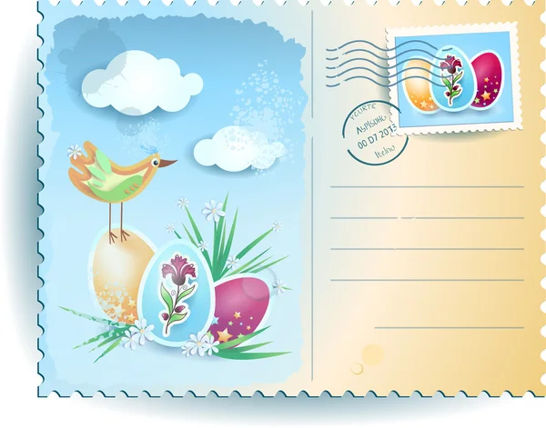 Osterpostkarte mit Vogel und Eiern — Stockvektor