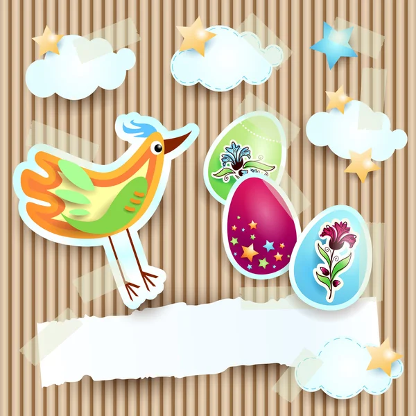 Fondo de Pascua con pájaro, huevos y pancarta — Vector de stock