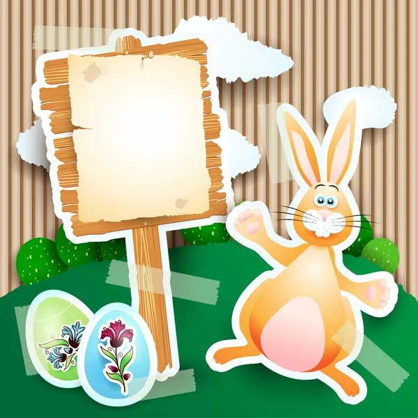 Пасхальний знак пейзаж з кроликом та яйцями — стоковий вектор