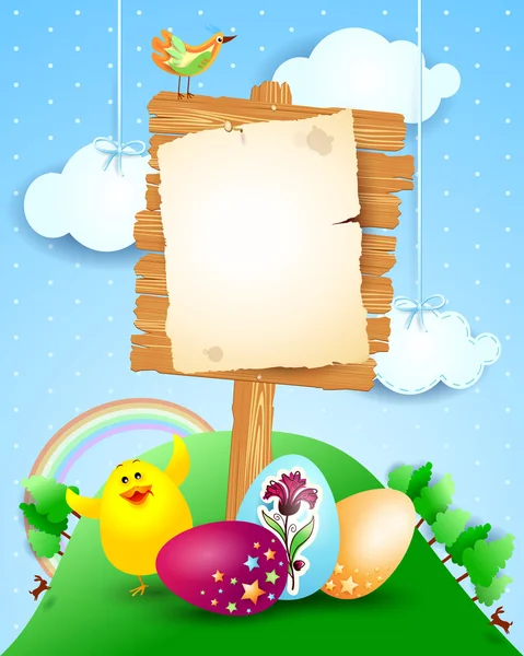 Easter signbord with eggs and funny chick — Stock Vector