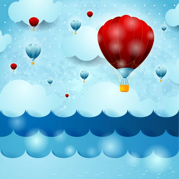 Deniz manzarası ile sıcak hava balonları, fantezi illüstrasyon