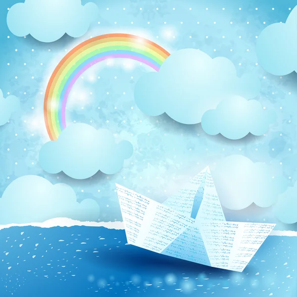 Zeegezicht en papier boot, fantasie illustratie — Stockvector