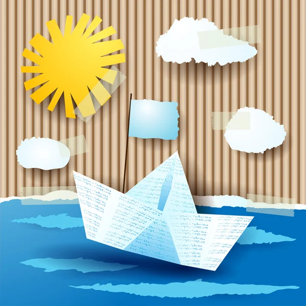 Seascape with paper boat, collage — Stock Vector