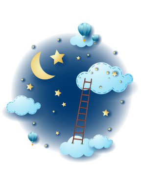 Bulutlu ve merdivenli gece manzarası, fantezi çizimi. Vektör Eps10
