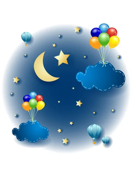 Nachtlandschap Met Hangende Ballonnen Wolken Vectorillustratie Eps10 — Stockvector