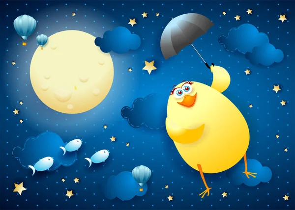 Cute Flying Chick Umbrella Starry Sky Vector Illustration Eps10 — Stock Vector