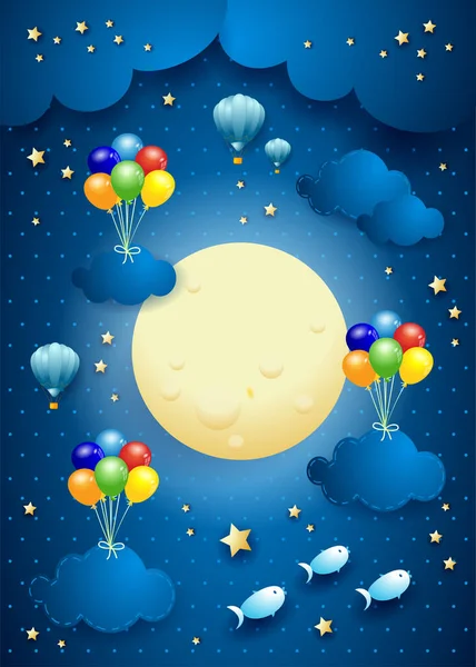Céu Estrelado Com Balões Suspensos Nuvens Ilustração Vetorial Eps10 — Vetor de Stock