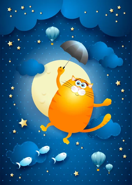 Cute Flying Cat Umbrella Starry Sky Vector Illustration Eps10 — Stock Vector