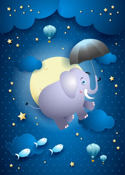 Elefante Voador Bonito Com Guarda Chuva Céu Estrelado Ilustração Vetorial Gráficos Vetores