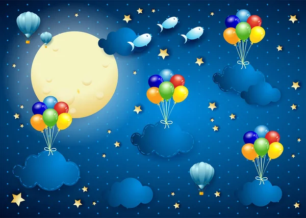 Céu Estrelado Com Balões Suspensos Nuvens Ilustração Vetorial Eps10 Vetores De Stock Royalty-Free