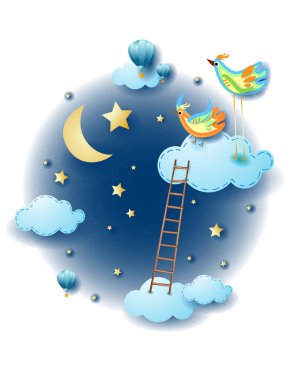 Night landscape with clouds, ladder and birds. Fantasy illustration vector eps10 clipart