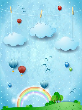 Asılı bulutlar ve balonlarla dolu fantezi manzarası. Vektör illüstrasyonu E10