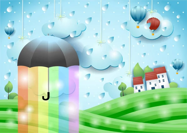 Фантастический Пейзаж Зонтиком Дождём Радужными Красками Векторные Иллюстрации — стоковый вектор