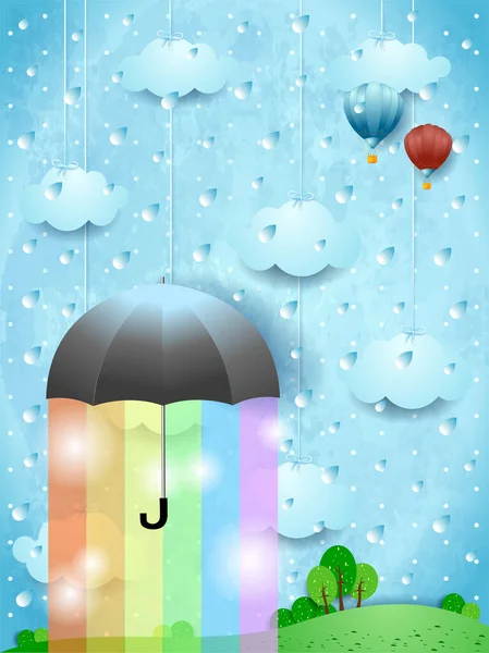 Fantasielandschaft Mit Regenschirm Regen Und Regenbogenfarben Vektorillustration Eps10 — Stockvektor