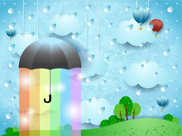 Fantasielandschaft Mit Regenschirm Regen Und Regenbogenfarben Vektorillustration Eps10 — Stockvektor