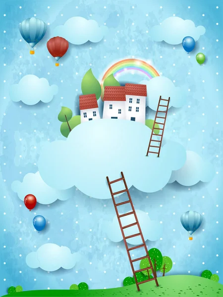 Paisaje Fantasía Con Escaleras Pueblo Sobre Las Nubes Ilustración Vectorial — Archivo Imágenes Vectoriales