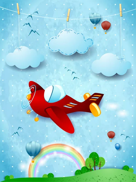 Fantasy Landscape Hanging Clouds Airplane Vector Illustration Eps10 — Stock Vector