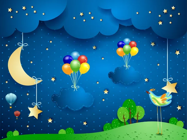 带悬挂气球和云彩的夜景 矢量图解 — 图库矢量图片