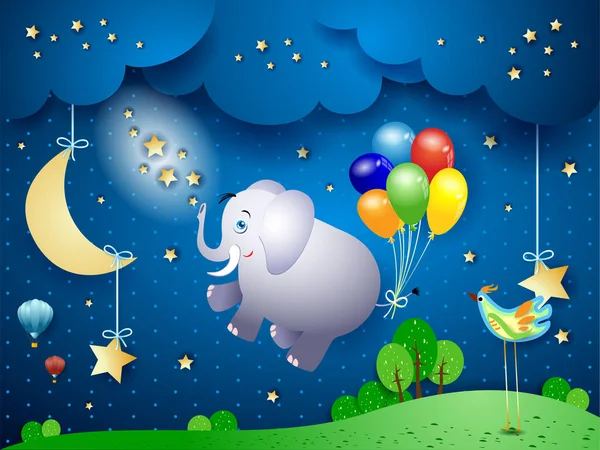 Countryside Night Orizz Elephant Balloons — Stock Vector