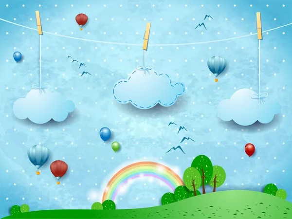 Paisagem Fantasia Com Nuvens Suspensas Balões Ilustração Vetorial Eps10 Vetores De Bancos De Imagens