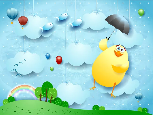 Забавная Летающая Цыпочка Зонтиком Сюрреалистическом Фоне Векторные Иллюстрации Стоковый вектор