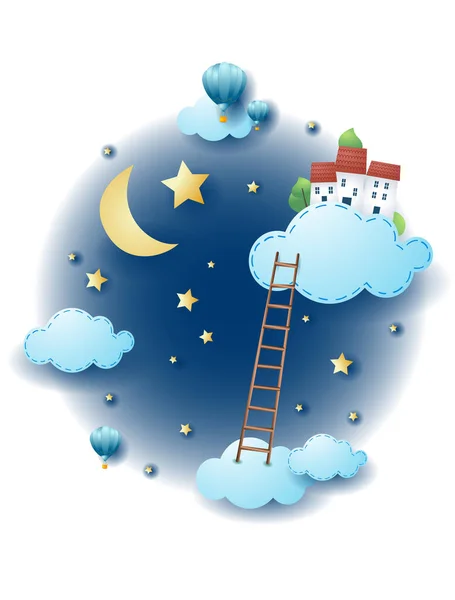 Nachtlandschaft Mit Wolken Leiter Und Dorf Fantasie Illustrationsvektor Eps10 — Stockvektor