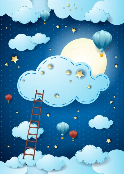 Paysage Nuageux Fantastique Nuit Avec Pleine Lune Nuage Échelle Illustration — Image vectorielle