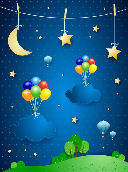 Night Landscape Hanging Balloons Clouds Vector Illustration Eps10 — Stock Vector