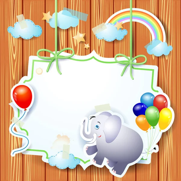 Fantasy Background Cute Elephant Balloons Vintage Label Wood — Stock Vector