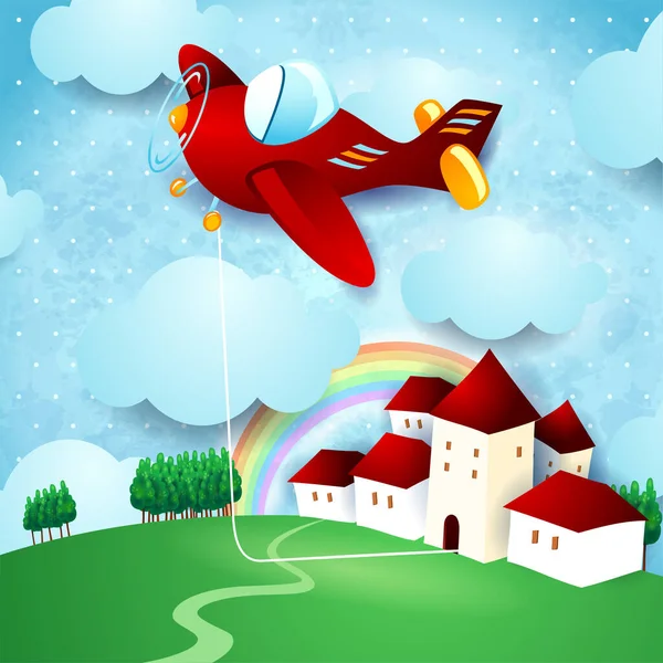 Красный Самолет Висит Доме Сельском Ландшафте Векторные Иллюстрации Eps10 — стоковый вектор