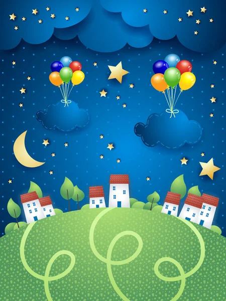 Nachtlandschaft Mit Dörfern Und Hängenden Luftballons Und Wolken Vektorillustration Eps10 — Stockvektor