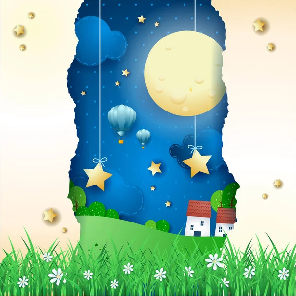 Fantasy Landscape Night Paper Art Vector Illustration Eps10 — Stock Vector