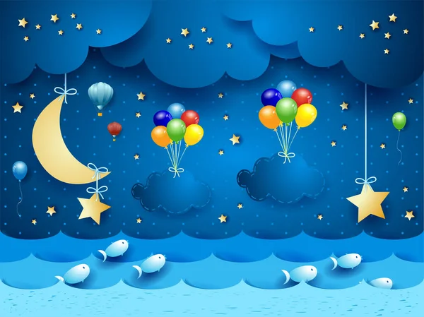 Surrealistisk Havsutsikt Natten Med Hängande Ballonger Och Moln Vektorillustrationeps10 — Stock vektor
