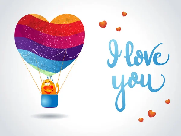 Valentinskarte Mit Luftballon Katze Herz Und Botschaft Vektorillustration Eps10 — Stockvektor