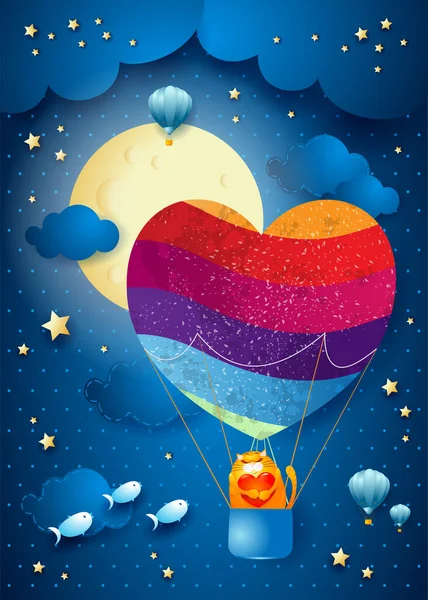 Φανταστικό Τοπίο Μπαλόνι Σχήμα Καρδιάς Και Γάτα Κάρτα Αγίου Βαλεντίνου — Διανυσματικό Αρχείο