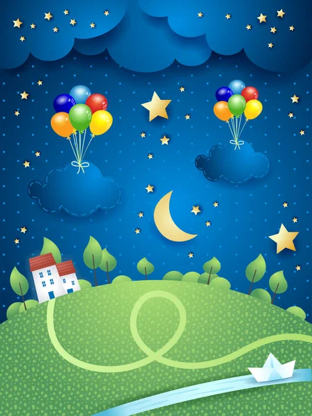 Ночной Пейзаж Деревней Рекой Висячими Воздушными Шарами Облаками Векторная Иллюстрация Векторная Графика