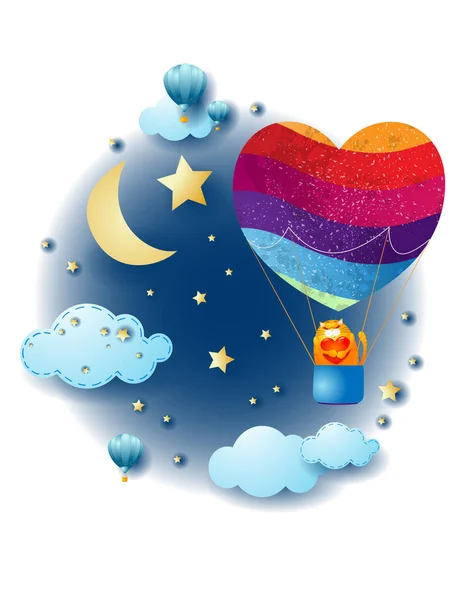 Fantasy Landscape Balloon Heart Shaped Cat Valentine Background Vector Illustration — Stock Vector