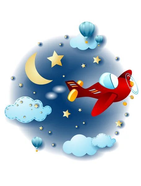 Νυχτερινό Τοπίο Σύννεφα Και Αεροπλάνο Εικονογράφηση Φαντασίας Διανυσματική Eps10 — Διανυσματικό Αρχείο