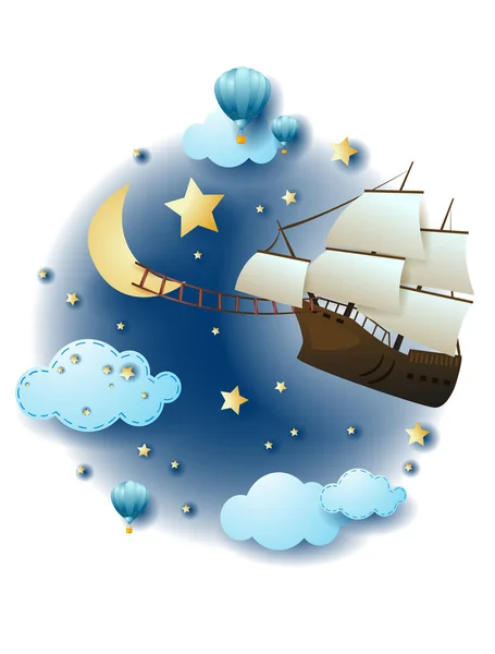 Night Landscape Clouds Flying Vessel Fantasy Illustration Vector Eps10 — Stock Vector