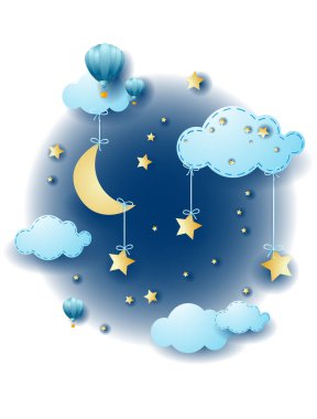 Night landscape with hanging stars and moon, vector illustration eps10 clipart