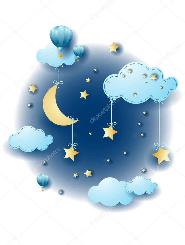 Night landscape with hanging stars and moon, vector illustration eps10