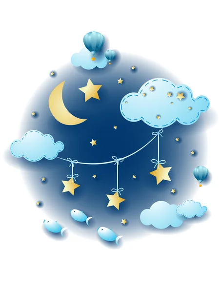 Paisaje Nocturno Con Estrellas Colgantes Peces Voladores Ilustración Vectorial Eps10 — Archivo Imágenes Vectoriales