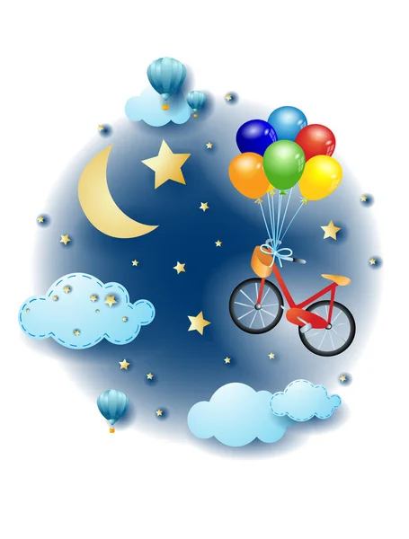 Nachtlandschaft Mit Wolken Fliegendem Fahrrad Und Ballons Fantasie Illustrationsvektor Eps10 — Stockvektor