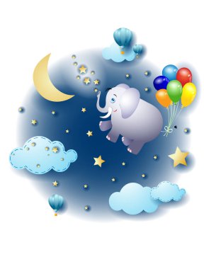Night landscape with clouds and flying elephant with balloons. Fantasy illustration, vector eps10 clipart