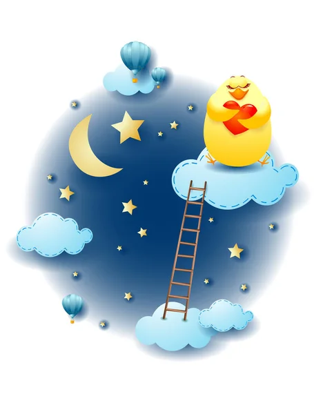 Nachtlandschap Met Wolken Ladder Kuiken Met Hart Fantasie Illustratie Vector — Stockvector