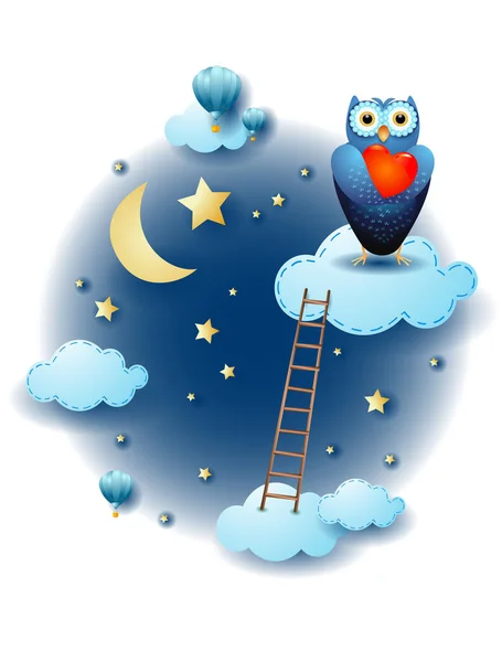 Night Landscape Clouds Ladder Owl Heart Fantasy Illustration Vector Eps10 — Stock Vector