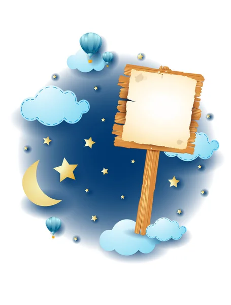 Nachtlandschaft Mit Wolken Und Holzschild Mit Plakat Fantasie Illustration Vektor — Stockvektor