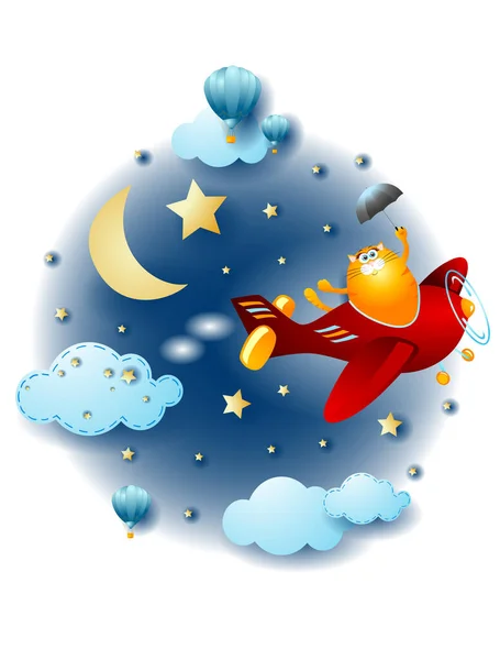 Night Landscape Flying Cat Umbrella Fairy Tale Vector Illustration Eps10 — Stock Vector