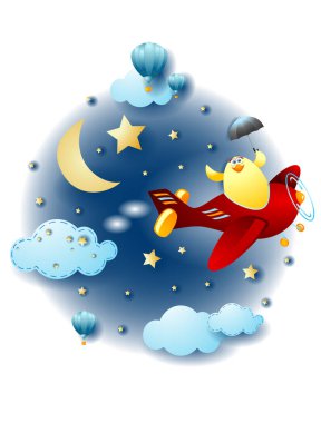 Night landscape with flying chick and umbrella, fairy tale. Vector illustration eps10