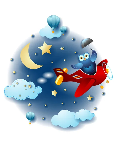 Night Landscape Flying Owl Umbrella Fairy Tale Vector Illustration Eps10 — Stock Vector